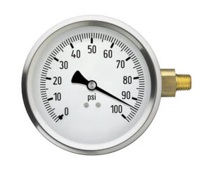 A generic pressure gauge with a very high reading, isolated on a white background.